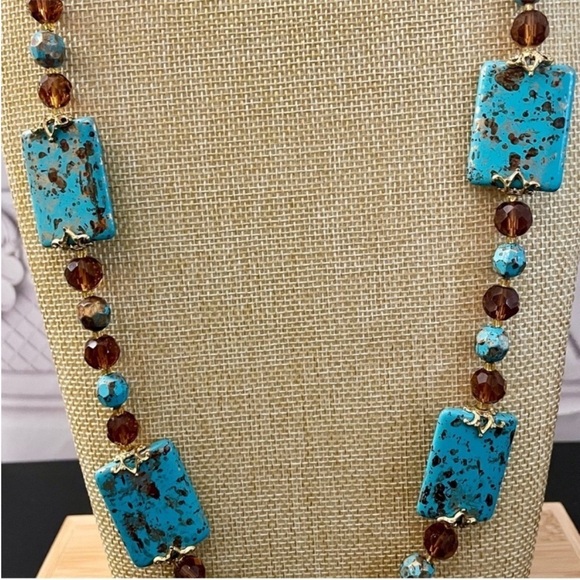 Vintage Joan Rivers Blue Turquoise & Smoky Topaz Gold Necklace - Picture 9 of 10